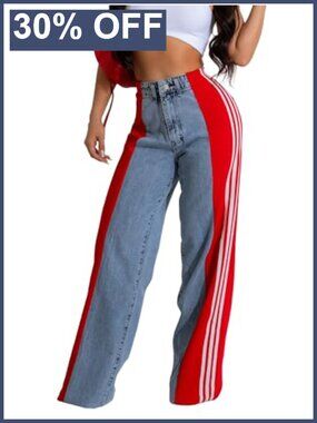High Waisted Wide Leg Patchwork Side Stripe Stretch Jeans